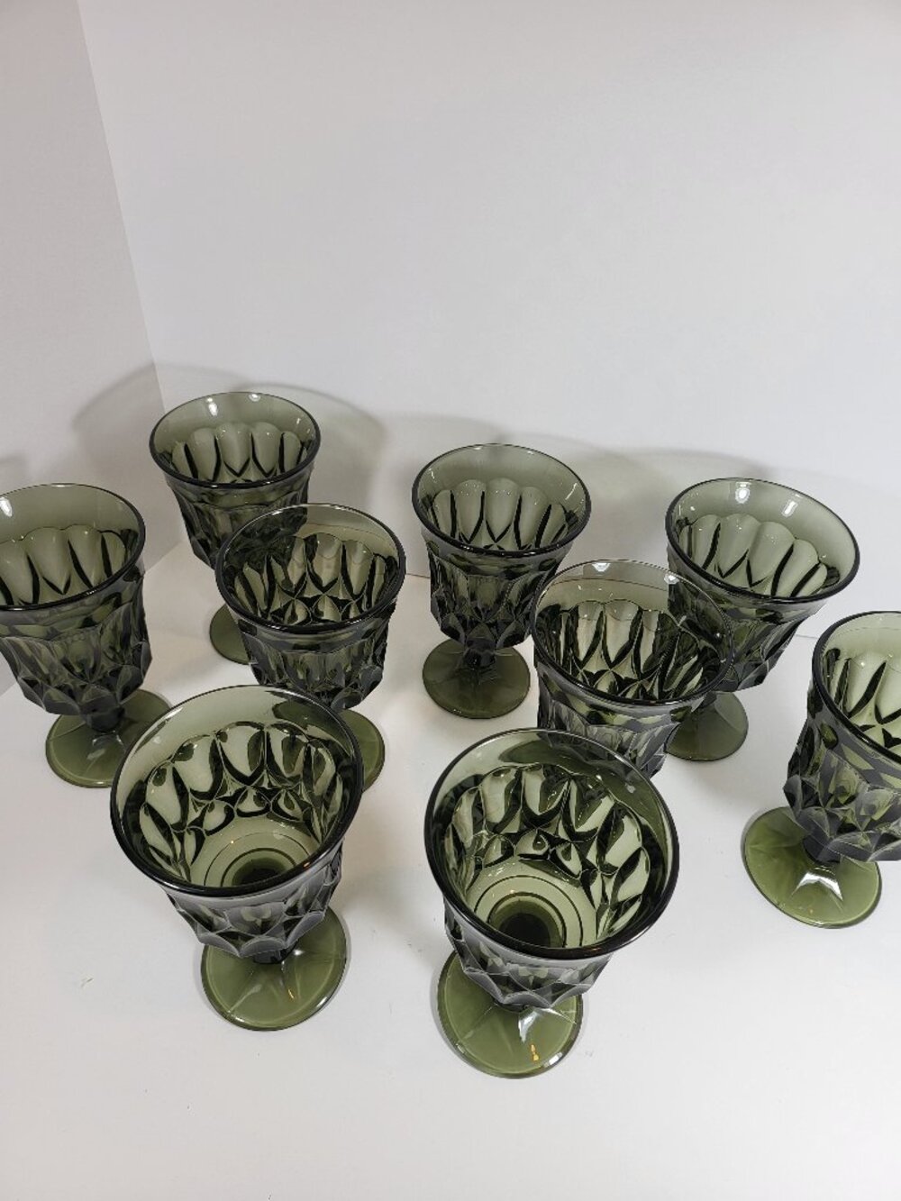 Set of 9(5 Water,4 Wine)1970s Mid Century Modern Avocado Green Pressed Glass Ste